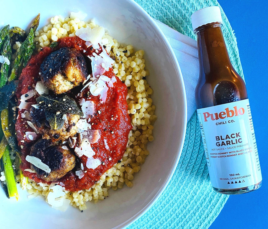 12 Days of Pueblo with Kate's Kitchen: Black Garlic Meatballs with Roasted Red Pepper Sauce
