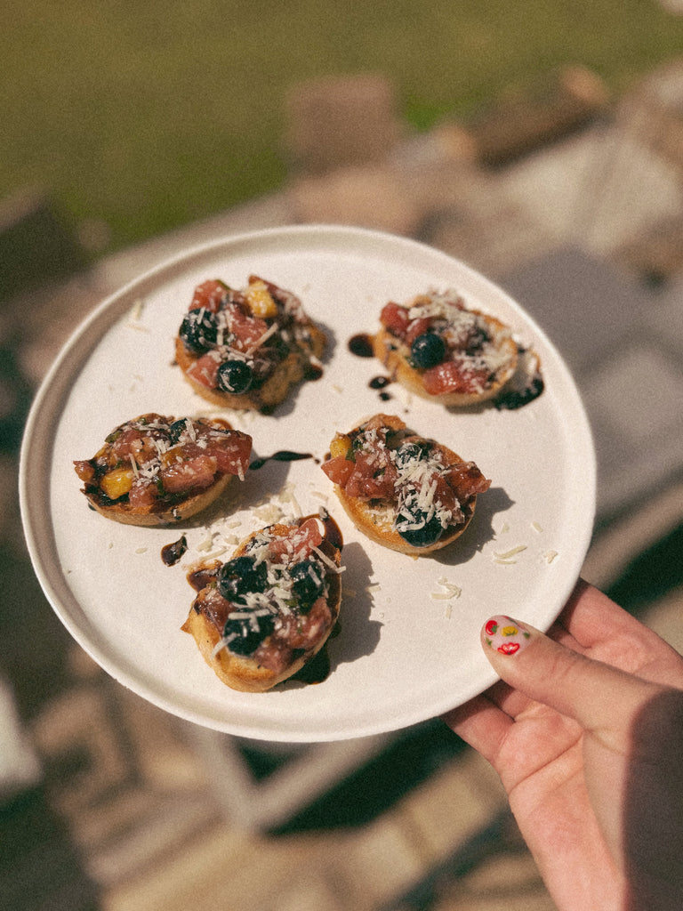 🍅🍑🫐 Sweet & Spicy Summer Bruschetta with Tomato, Peach, and Blueberry Featuring Saskatoon Ghost Hot Sauce